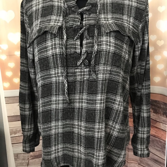 Madewell Terrace Lace Up Gray Wool Plaid Shirt - Picture 2 of 5